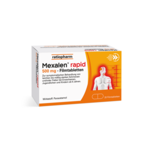 Packung Mexalen rapid 500 mg Filmtabletten zur Behandlung von Schmerzen und Fieber, mit orangefarbenem Design.