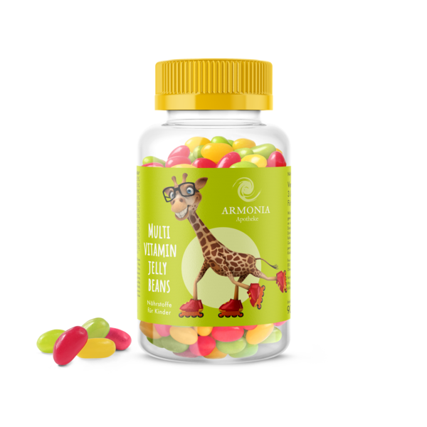 Flasche mit bunten Multi-Vitamin-Gummibärchen für Kinder, gekennzeichnet mit einem lachenden Giraffen-Maskottchen.