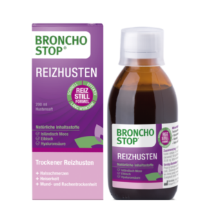 Broncho Stop Reizhusten Hustensaft in einer 200 ml Flasche neben der Verpackung, die Informationen zu Inhaltsstoffen enthält.