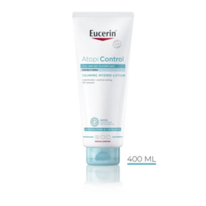 Eucerin Atopi Control beruhigende Hydro-Lotion in einer weißen Tube mit blauen Akzenten, 400 ml Inhalt.