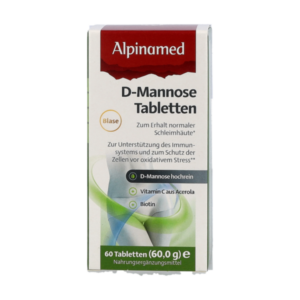 Verpackung von D-Mannose Tabletten für die Unterstützung des Immunsystems und normaler Schleimhäute.
