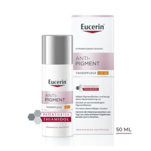 Eucerin Anti-Pigment Tagespflege LSF 30 in einer Flasche mit einem Pumpspender, zusammen mit einer Verpackung.