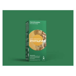 Verpackung von Immun44, einem Saft zur Stärkung der Abwehrkräfte, mit grüner und orangefarbener Gestaltung.