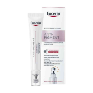 Eucerin Anti-Pigment Augenpflege in Tube mit Applikator, Verpackung mit Produktinformation und Zutatenliste.