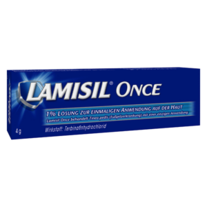 Lamisil Once Verpackung, 4 g Lösung zur einmaligen Anwendung gegen Fußpilz, in blauer Schachtel.