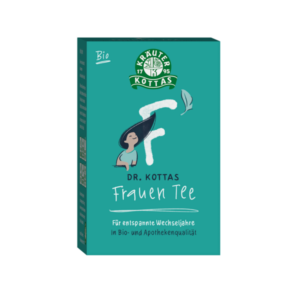 Verpackung des Bio Frauen Tees von Dr. Kottas mit einer Illustration einer Frau und dem Hinweis auf entspannte Wechseljahre.