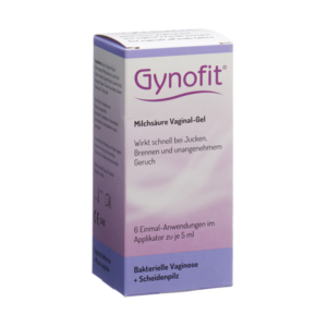 Verpackung von Gynofit, einem Milchsäure Vaginal-Gel zur Behandlung von Beschwerden wie Jucken und Brennen.