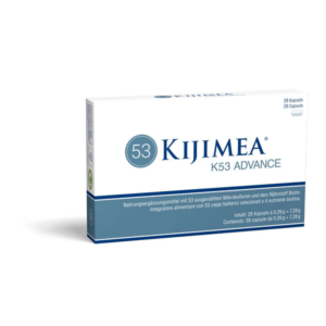 Verpackung des Nahrungsergänzungsmittels Kijimea K53 Advance mit 53 Mikrokulturen und Biotin.