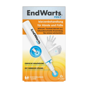 Verpackung des EndWarts Pen für die Warzenbehandlung, zeigt den Stift und Anwendungsdetails.