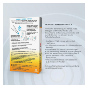 Packung mit dem EndWarts PEN F, einem Stift zur Entfernung von Warzen für Kinder und Erwachsene. Gebrauchsanweisung auf der Rückseite.