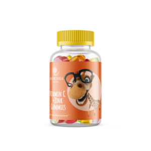 Flasche mit bunten Vitamin C + Zink Gummies, gekennzeichnet mit einem Giraffen-Motiv und einem festlichen Deckel.
