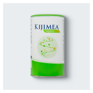 Grüne Dose mit Kijimea Regularis Plus, einem Produkt zur Unterstützung der Darmgesundheit, mit spiralförmigem Design.