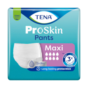 Packung mit TENA ProSkin Pants, Maxi. Weiße Inkontinenzunterwäsche auf blauem Hintergrund mit Pflegeinformationen.