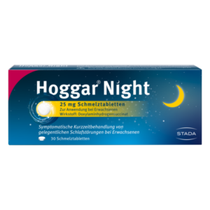 Verpackung von Hoggar Night Schmelztabletten mit Angaben zu Wirkstoff und Anwendung bei Schlafstörungen.