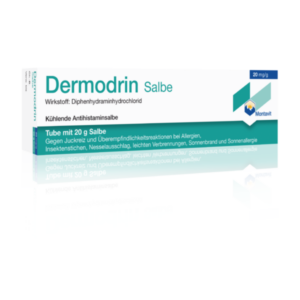 Verpackung einer Dermodrin Salbe in einer Tube, die zur Linderung von Hautreaktionen verwendet wird.