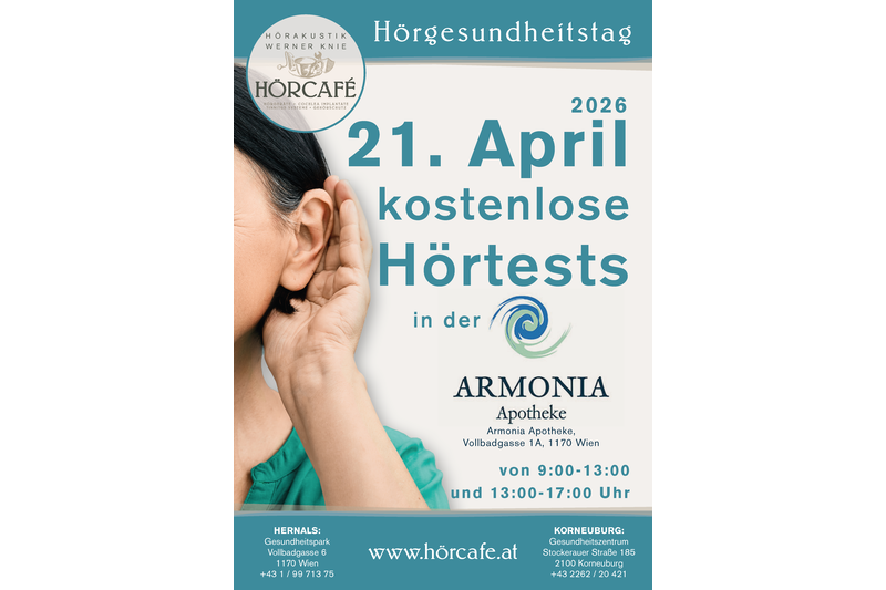 Plakat für den Hörgesundheitstag am 21. April 2026 mit Informationen zu kostenlosen Hörtests in der Armonia Apotheke.