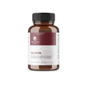 Braune Glasflasche mit schwarzem Deckel, enthält Glycin, eine essentielle Aminosäure für den Körper mit Gesundheitsinformationen.