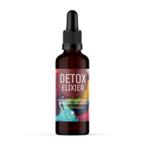 Braune Glasflasche mit Tropfer, Etikett enthält die Aufschrift "DETOX ELIXIER" und pflanzliche Inhaltsstoffe.