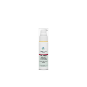 Flasche mit Anti-Pigment Fluid LSF 50 von Armonia, mit Pumpverschluss und Inhaltsstoffen VitisBright™ und Niacinamid.