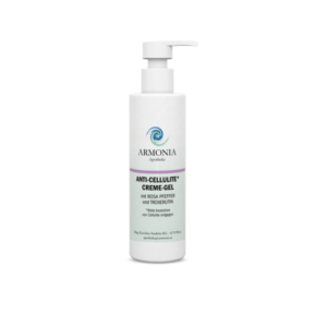 Weiße Flasche mit Pumpspender, Anti-Cellulite Creme-Gel mit rosa Pfeffer und Troxerutin.