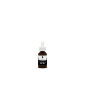 Braune Glasflasche mit Pipette, beschriftet mit "MULTIPEPTID BTX 13%" und Logo von ARMONIA Apotheke.