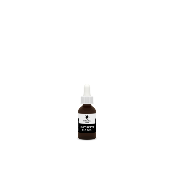 Braune Glasflasche mit Pipette, beschriftet mit "MULTIPEPTID BTX 13%" und Logo von ARMONIA Apotheke.