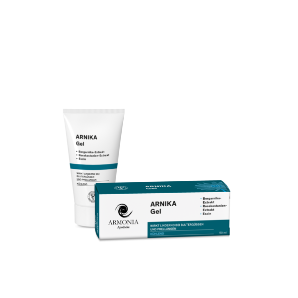 Zwei Verpackungen von Arnika Gel, eine Tube und eine Box, beide mit Inhaltsstoffen aufgedruckt.