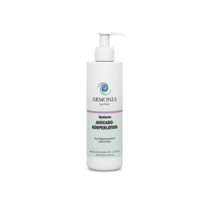 Flasche mit Hyaluron-Avocado-Körperlotion von Armonia, pumpflaschenförmig, milchige Verpackung, feuchtigkeitsspendend.
