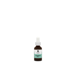 Braune Glasflasche mit Pipette, Etikett zeigt "ARMONIA Apotheke Vitamin E 75%".