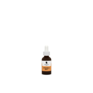 Braune Tropfflasche mit Weißem Verschluss, beschriftet mit "Vitamin C 20%" und Logo der Marke Armonia.