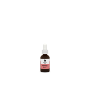 Braune Tropfflasche mit Pipette, Etikett beschreibt ein Retinol-Produkt mit 0,3% im Design von Armonia Apotheke.
