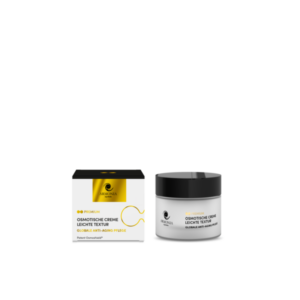 Osmotische Creme mit leichter Textur in einem Glasbehälter und einer eleganten Verpackung, die Anti-Aging-Pflege bewirbt.