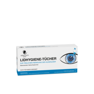 Verpackung von Lidhygiene-Tüchern zur täglichen Reinigung der Augenlider, mit Malvenextrakt und Natriumhyaluronat.