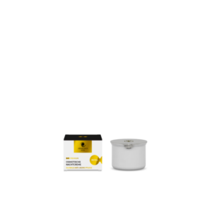 Verpackung einer osmotischen Nachtcreme mit schwarzem Deckel und silberner Dose, geeignet für Anti-Aging-Pflege.