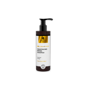Braune Flasche mit Pumpspender, enthält osmotisches Repair-Shampoo für die Haarpflege, beschriftet mit Anti-Aging-Elementen.