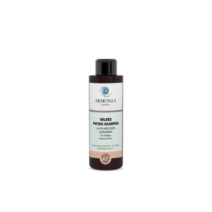 Flasche mildes Physio-Shampoo von Armonia, verpackt in einem recyclingfähigen Flakon, mit pflanzlichen Glykosiden für häufiges Haarekeln.