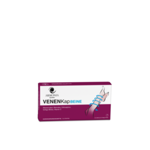 Verpackung des Nahrungsergänzungsmittels VENENKapBEINE mit Angaben zu Inhaltsstoffen und glutenfreier Formulierung.