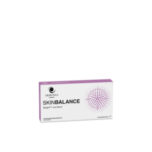 Verpackung des Nahrungsergänzungsmittels SKINBALANCE von Armonia mit Belight³™ und Niacin, glutenfrei, enthält 30 Filmtabletten.
