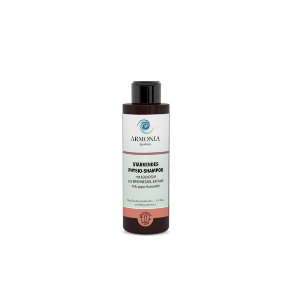 Schwarze Shampoo-Flasche mit weißem Etikett und grünem Logo, enthält adenoses und Brennnessel-Extrakt gegen Haarausfall.