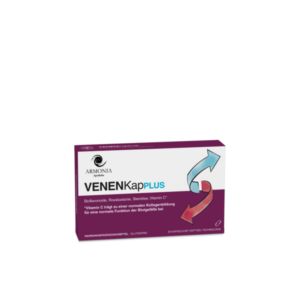 Verpackung von VenenKapPLUS, einem Nahrungsergänzungsmittel mit Bioflavonoiden und Vitamin C, in einer Kartonverpackung.