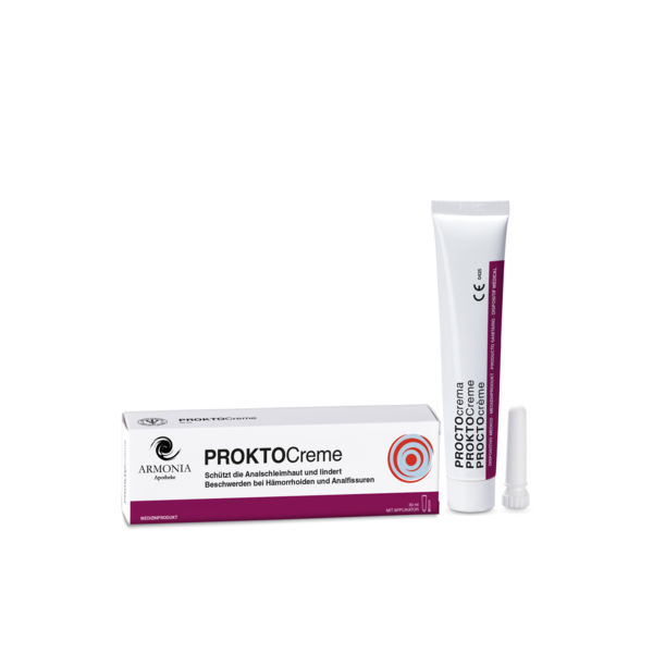 Tube und Verpackung der PROKTOCreme zur Linderung von Beschwerden bei Hämorrhoiden und Analfissuren.
