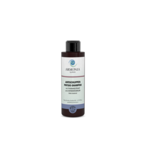 Schwarze Flasche mit Antischuppen Physio-Shampoo von Armonia, enthält Thymianextrakt und Antimikrobikum.