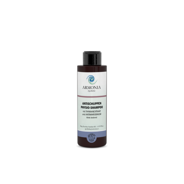 Schwarze Flasche mit Antischuppen Physio-Shampoo von Armonia, enthält Thymianextrakt und Antimikrobikum.