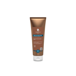 Braun-goldene Tube mit braunungsintensivierender Creme für Gesicht und Körper, die Feuchtigkeit spendet.