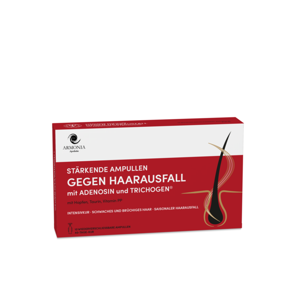 Verpackung von ampullen gegen Haarausfall, rot mit Informationen zu Inhaltsstoffen und Anwendung, 10 ampullen enthalten.