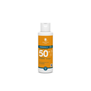 Flasche mit Sonnenmilch für Kinder, LSF 50+, leichte Textur, sehr hoher UV-Schutz, wasserfest, ohne Duftstoffe.