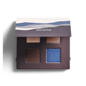 Lidschattenpalette mit vier Farbtönen: Bronze, Braun und zwei Blau-Tönen, in einer kompakten Verpackung.