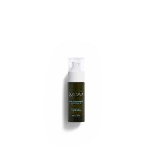 Dunkelgrüne Flasche mit Pumpspender, enthält Oxygenating Gel von Dolomia, beschriftet mit wichtigen Inhaltsstoffen.