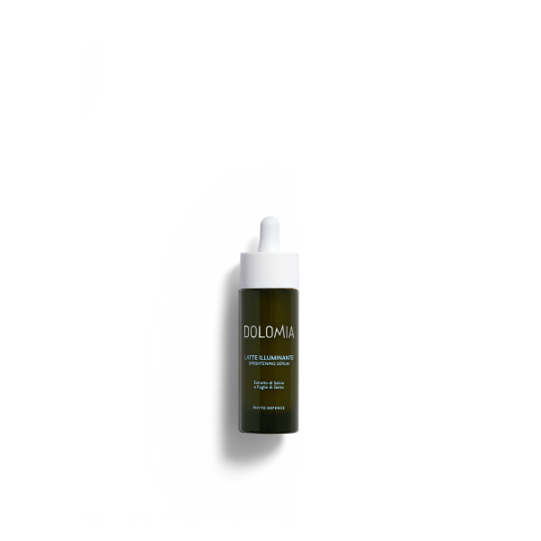 Dunkelgrüne Flasche mit Pipette für ein aufhellendes Serum von Dolomia, etiketiert mit Inhaltsstoffen und Anwendungshinweisen.