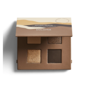 Eine Lidschattenpalette mit vier Farbnuancen in Braun- und Goldtönen, präsentiert in einer braunen Verpackung.